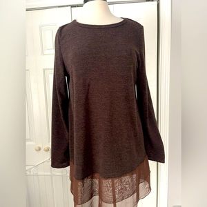 Beautiful deep brown sweater tunic with chiffon bottom. Size Large